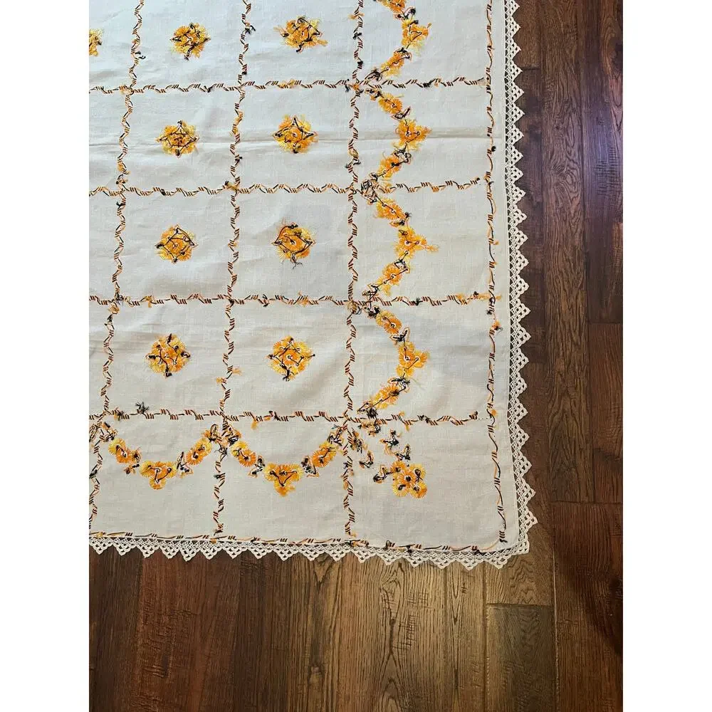 Vintage Embroidered Tablecloth Autumnal Orange Yellow Floral Crochet Lace Border